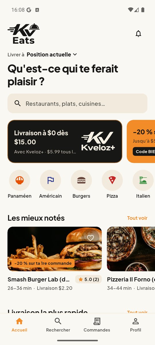 Écran KV Eats de l'application Kveloz