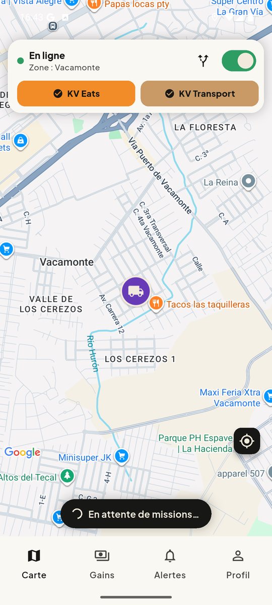 Écran du portail livreur Kveloz, carte GPS en temps réel