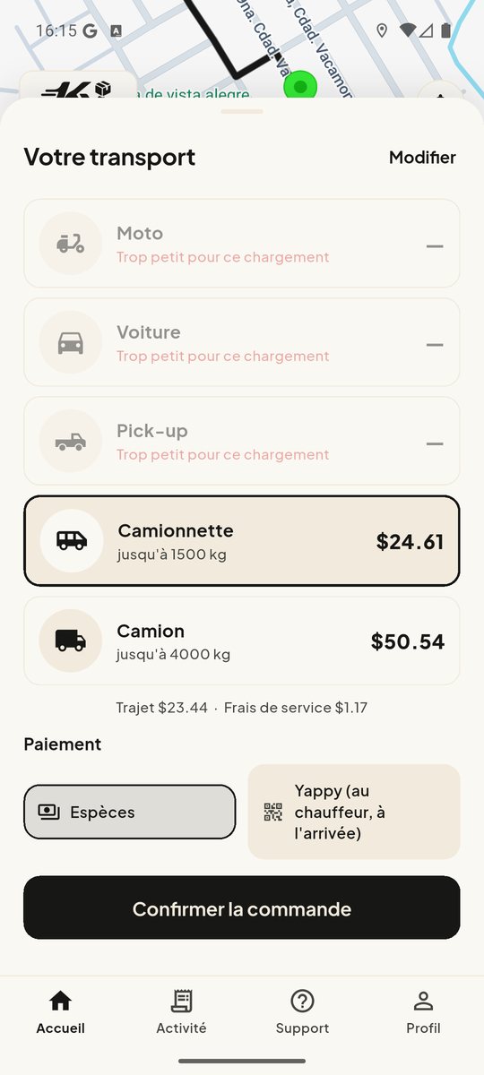 Écran de confirmation et de paiement KV Transport