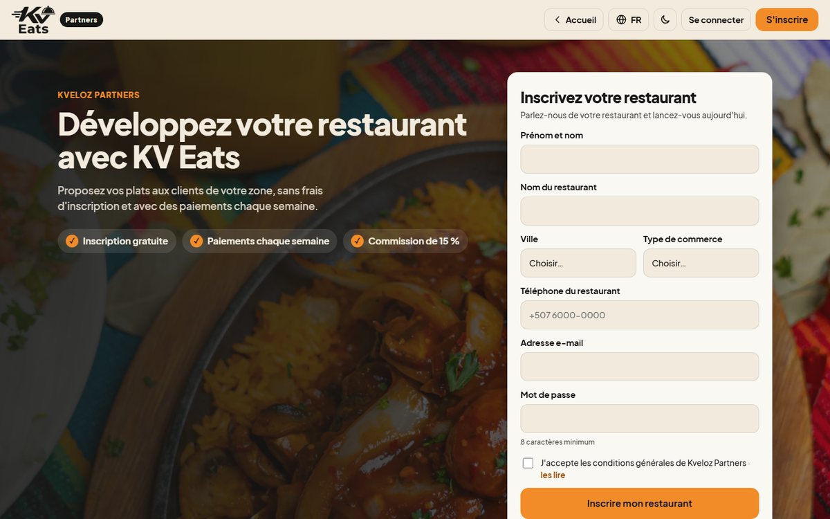 Espace Kveloz Partners, inscription des restaurants, affiché sur un ordinateur portable
