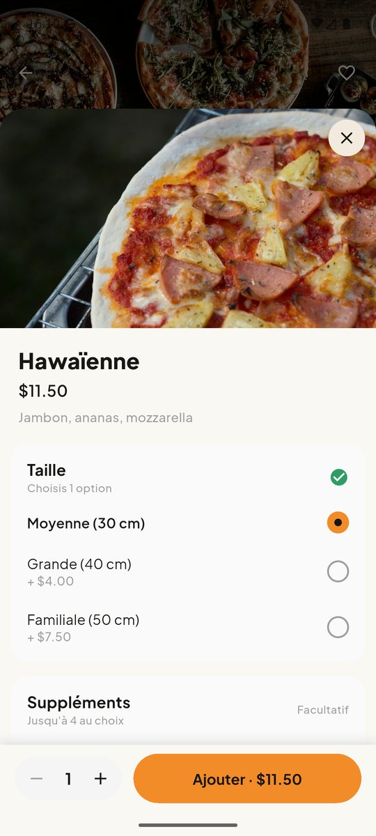 Écran fiche produit KV Eats avec options et ajout au panier